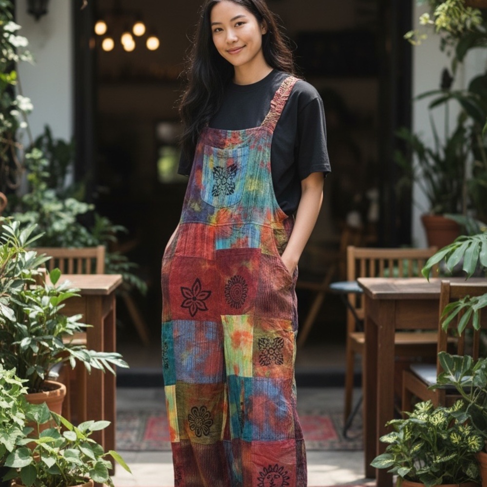 Tie-Dye Patchwork boho Overalls - Multicolor NWT - image 2